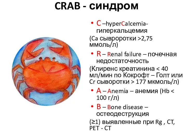 CRAB - синдром C –hyperCalcemia- гиперкальцемия (Ca сывроротки >2,75 ммоль/л)