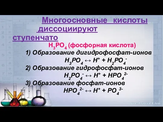 Многоосновные кислоты диссоциируют ступенчато H3PO4 (фосфорная кислота) 1) Образование дигидрофосфат-ионов