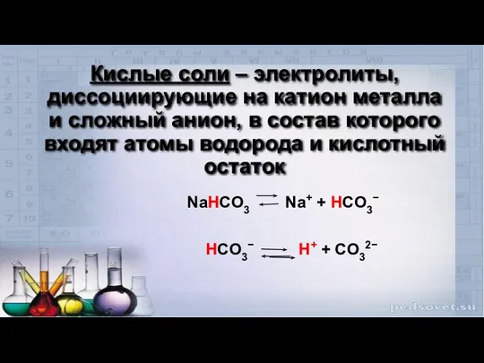 Кислые соли – электролиты, диссоциирующие на катион металла и сложный