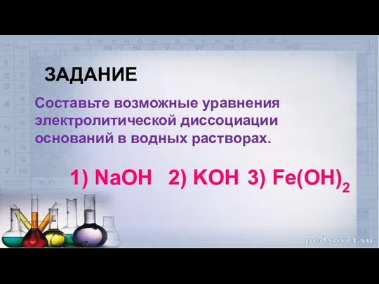 ЗАДАНИЕ Составьте возможные уравнения электролитической диссоциации оснований в водных растворах. 1) NaOH 2) KOH 3) Fe(OH)2