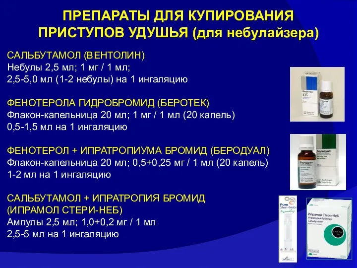 ПРЕПАРАТЫ ДЛЯ КУПИРОВАНИЯ ПРИСТУПОВ УДУШЬЯ (для небулайзера) САЛЬБУТАМОЛ (ВЕНТОЛИН) Небулы