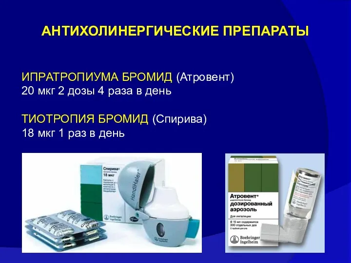 АНТИХОЛИНЕРГИЧЕСКИЕ ПРЕПАРАТЫ ИПPАТPОПИУМА БPОМИД (Атpовент) 20 мкг 2 дозы 4