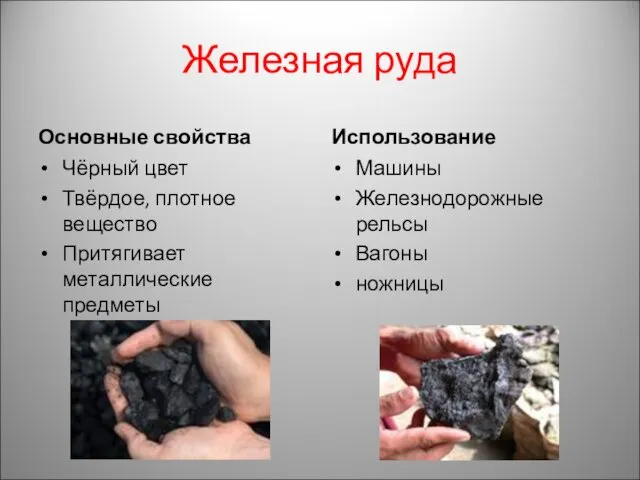 Железная руда Основные свойства Чёрный цвет Твёрдое, плотное вещество Притягивает металлические предметы Использование