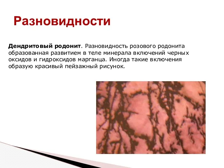 Разновидности Дендритовый родонит. Разновидность розового родонита образованная развитием в теле