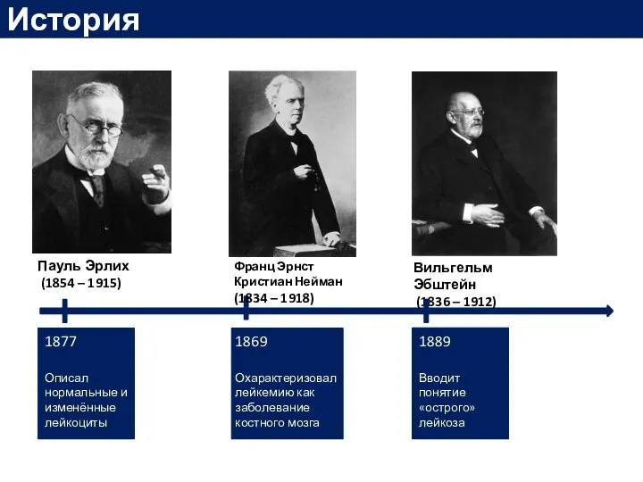 История 1877 Описал нормальные и изменённые лейкоциты Пауль Эрлих (1854 – 1915) Вильгельм