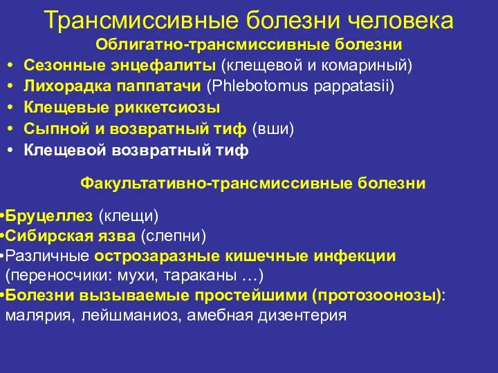 Трансмиссивные болезни человека Облигатно-трансмиссивные болезни Сезонные энцефалиты (клещевой и комариный) Лихорадка паппатачи (Phlebotomus