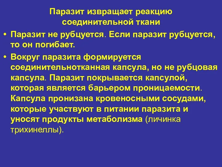 Паразит извращает реакцию соединительной ткани Паразит не рубцуется. Если паразит рубцуется, то он