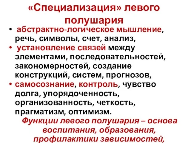 «Специализация» левого полушария абстрактно-логическое мышление, речь, символы, счет, анализ, установление