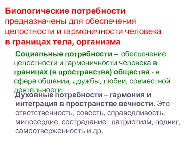 Социальные потребности – обеспечение целостности и гармоничности человека в границах