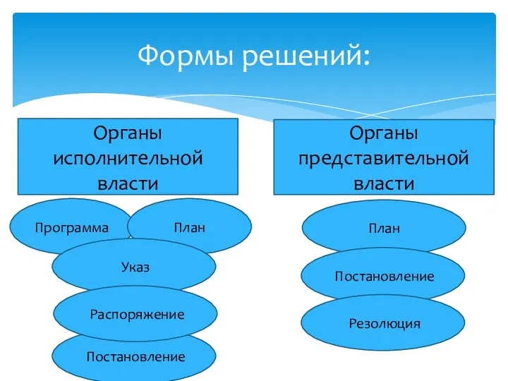 Формы решений: Органы исполнительной власти Органы представительной власти Программа План Постановление Указ Распоряжение План Постановление Резолюция