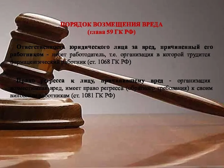 ПОРЯДОК ВОЗМЕЩЕНИЯ ВРЕДА (глава 59 ГК РФ) Ответственность юридического лица