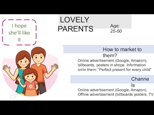 LOVELY PARENTS Age: 25-50 Online advertisement (Google, Amazon), billboards, posters