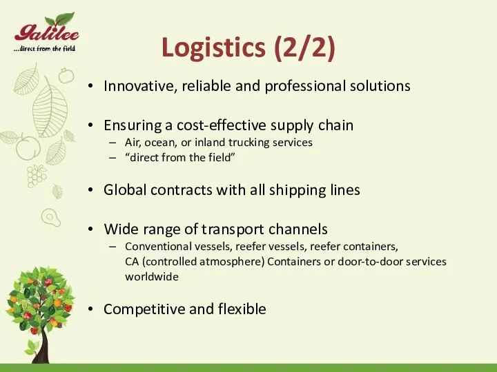 Logistics (2/2) Innovative, reliable and professional solutions Ensuring a cost-effective