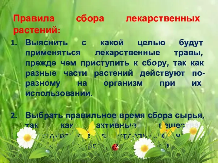 Правила сбора лекарственных растений: Выяснить с какой целью будут применяться