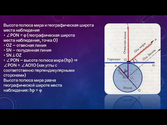 Высота полюса мира и географическая широта места наблюдения • ∠PON