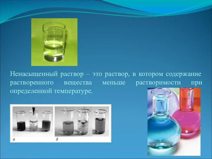 Ненасыщенный раствор – это раствор, в котором содержание растворенного вещества меньше растворимости при определенной температуре.