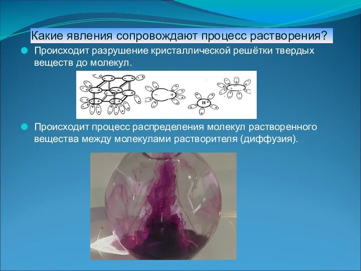 Какие явления сопровождают процесс растворения? Происходит разрушение кристаллической решётки твердых