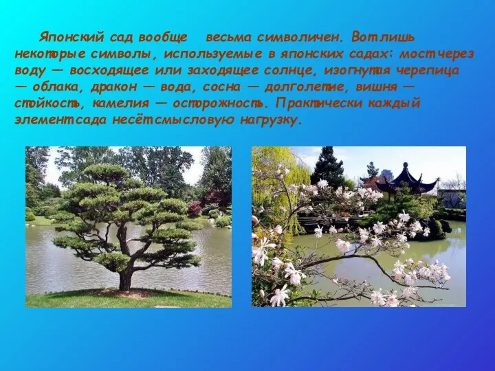 Японский сад вообще весьма символичен. Вот лишь некоторые символы, используемые