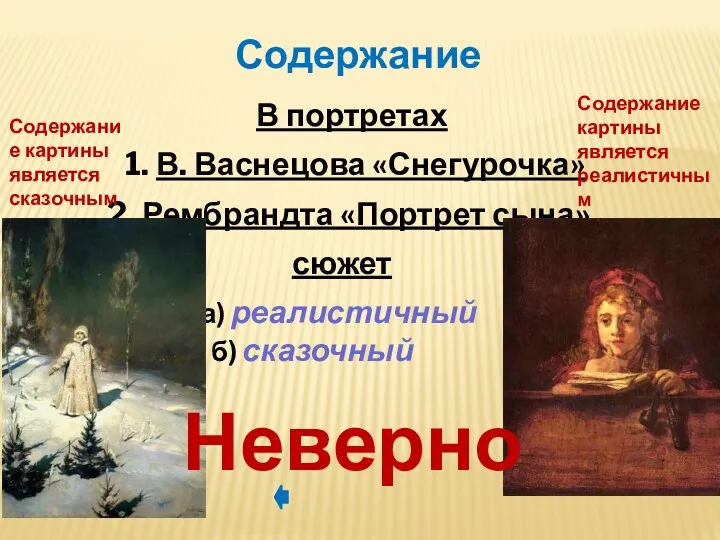 В портретах 1. В. Васнецова «Снегурочка» 2. Рембрандта «Портрет сына»