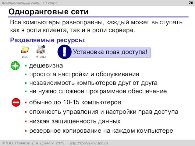 Одноранговые сети Все компьютеры равноправны, каждый может выступать как в