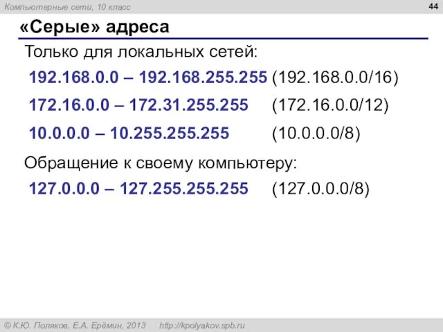 «Серые» адреса 192.168.0.0 – 192.168.255.255 (192.168.0.0/16) 172.16.0.0 – 172.31.255.255 (172.16.0.0/12)