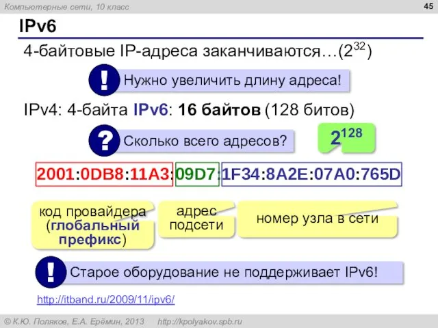 IPv6 4-байтовые IP-адреса заканчиваются…(232) IPv4: 4-байта IPv6: 16 байтов (128