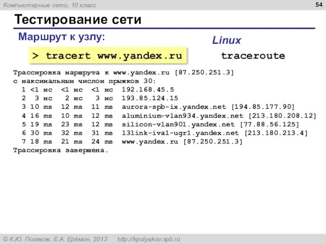 Тестирование сети Маршрут к узлу: > tracert www.yandex.ru traceroute Linux