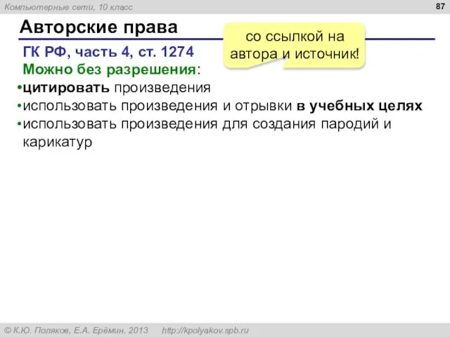 Авторские права ГК РФ, часть 4, ст. 1274 Можно без