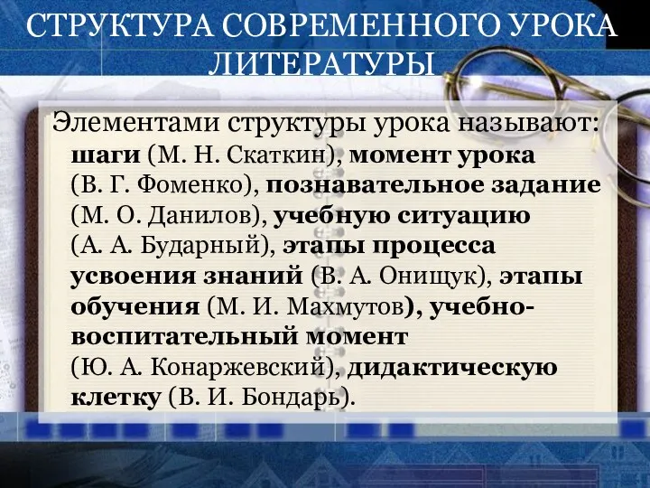 СТРУКТУРА СОВРЕМЕННОГО УРОКА ЛИТЕРАТУРЫ Элементами структуры урока называют: шаги (М.