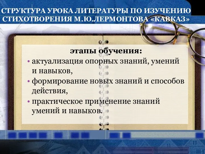 СТРУКТУРА УРОКА ЛИТЕРАТУРЫ ПО ИЗУЧЕНИЮ СТИХОТВОРЕНИЯ М.Ю.ЛЕРМОНТОВА «КАВКАЗ» этапы обучения: