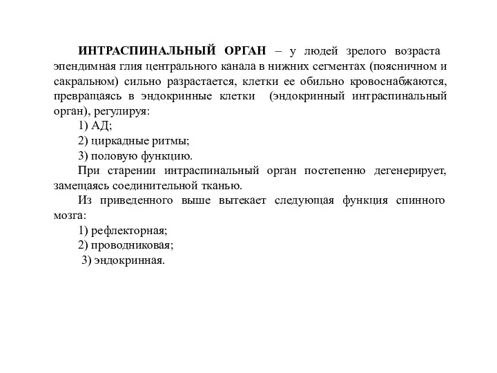 ИНТРАСПИНАЛЬНЫЙ ОРГАН – у людей зрелого возраста эпендимная глия центрального