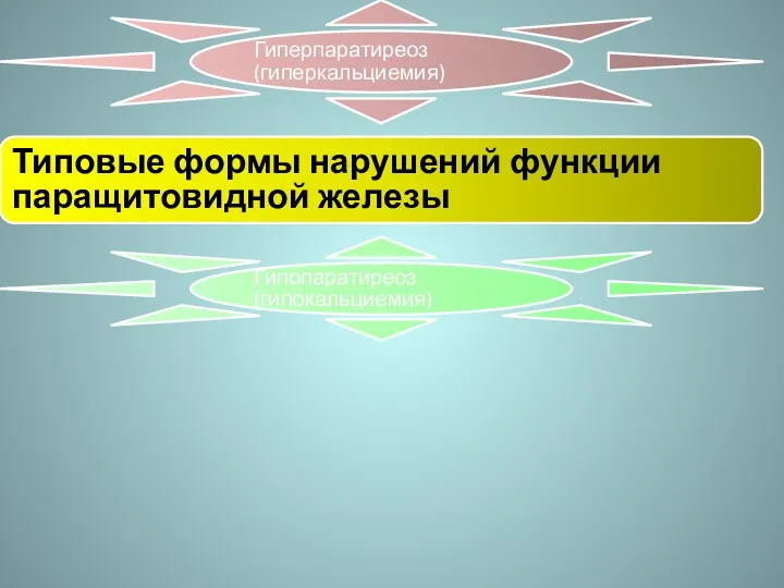 Гиперпаратиреоз (гиперкальциемия) Типовые формы нарушений функции паращитовидной железы Гипопаратиреоз (гипокальциемия)