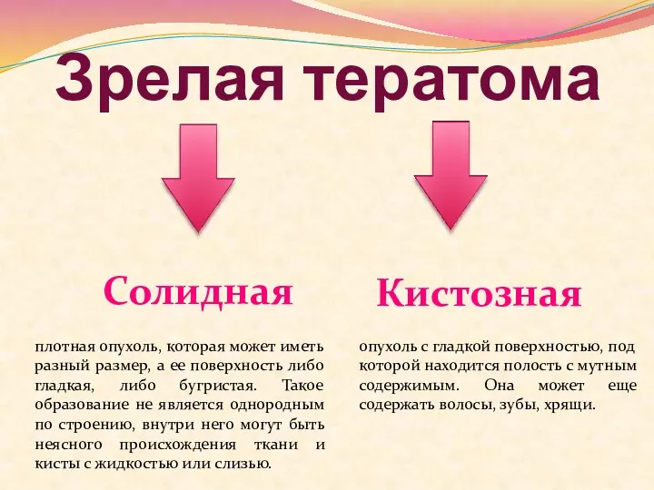 Зрелая тератома Солидная Кистозная плотная опухоль, которая может иметь разный