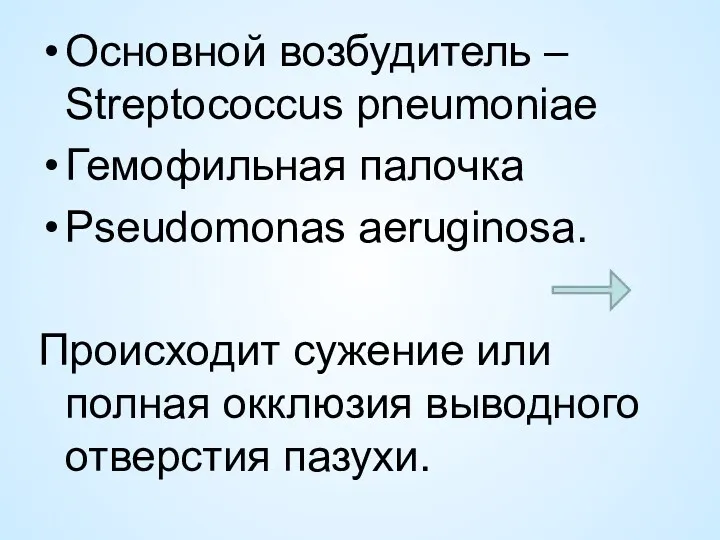 Основной возбудитель – Streptococcus pneumoniae Гемофильная палочка Pseudomonas aeruginosa. Происходит