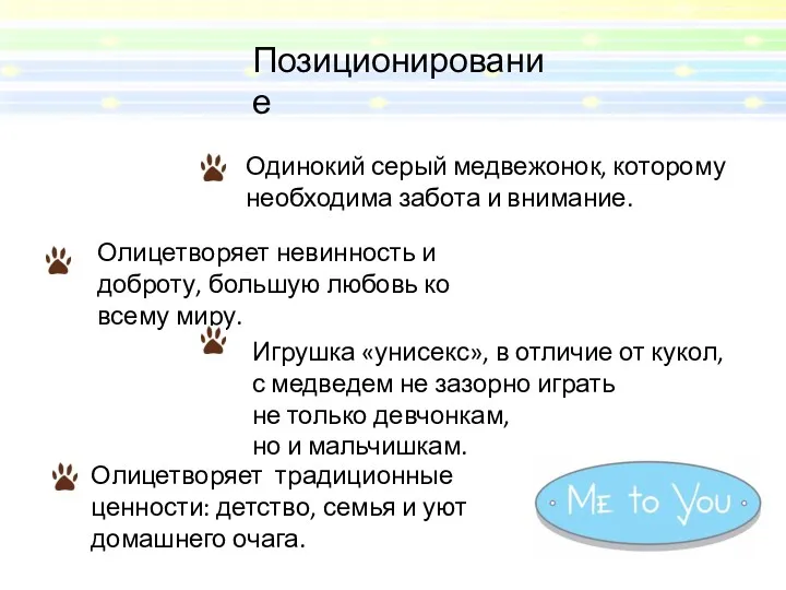 Позиционирование Одинокий серый медвежонок, которому необходима забота и внимание. Олицетворяет