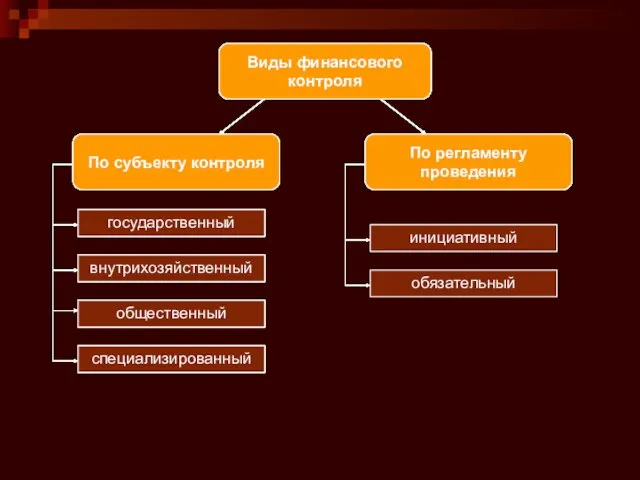 Виды финансового контроля По субъекту контроля По регламенту проведения государственный