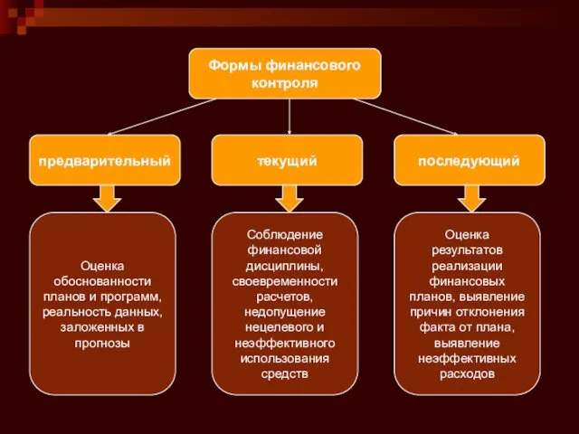 Формы финансового контроля предварительный текущий последующий Оценка обоснованности планов и