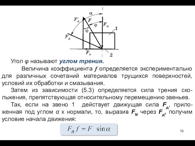 Угол φ называют углом трения. Величина коэффициента f определяется экспериментально