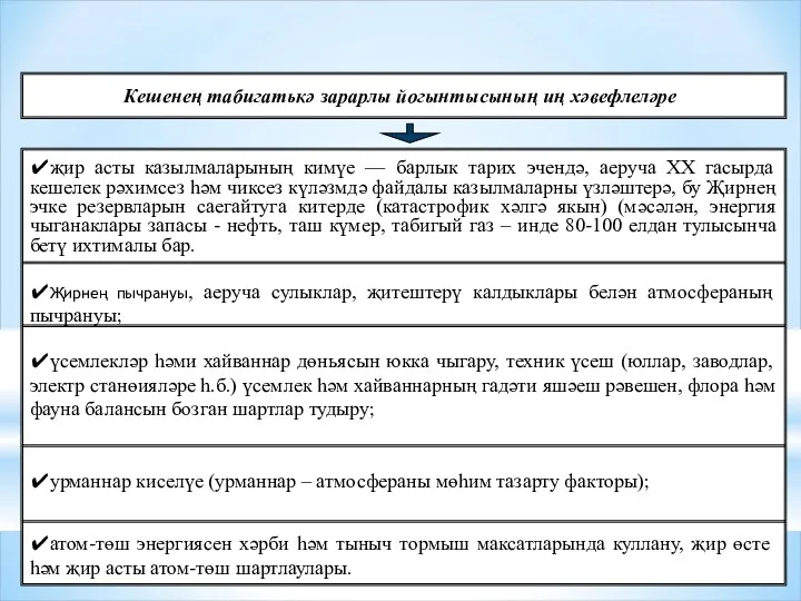 Кешенең табигатькә зарарлы йогынтысының иң хәвефлеләре ✔җир асты казылмаларының кимүе