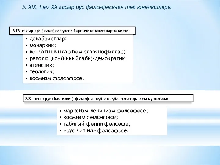 XIX гасыр рус фәлсәфәсе үзенә берничә юнәлешләрне кертә: XX гасыр