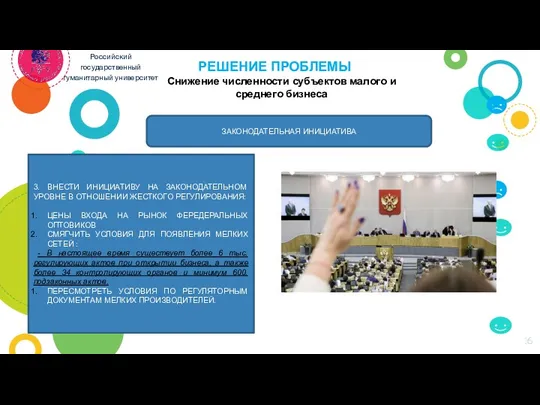 РЕШЕНИЕ ПРОБЛЕМЫ Российский государственный гуманитарный университет Снижение численности субъектов малого