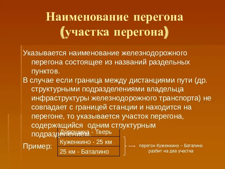 Наименование перегона (участка перегона) перегон Куженкино – Баталино разбит на два участка