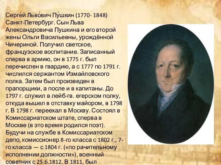 Серге́й Льво́вич Пу́шкин (1770- 1848) Санкт-Петербург. Сын Льва Александровича Пушкина