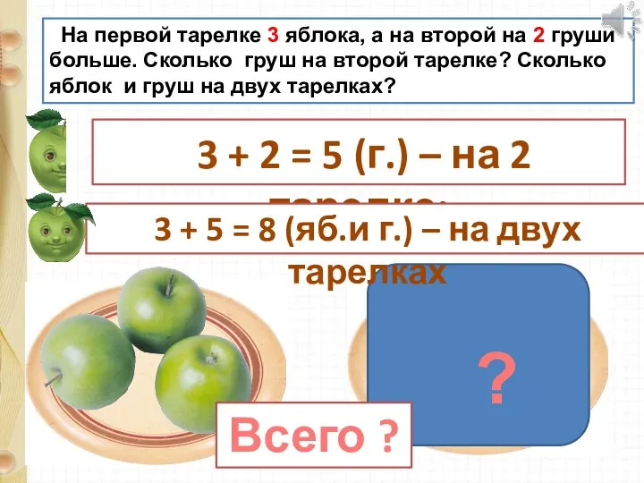 На первой тарелке 3 яблока, а на второй на 2