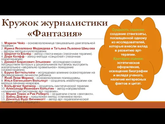 1. Мэрион Чейз – основоположница танцевально-двигательной терапии. 2. Ирина Яковлевна