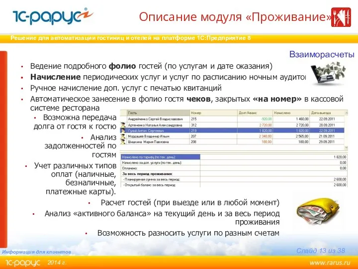 Ведение подробного фолио гостей (по услугам и дате оказания) Начисление