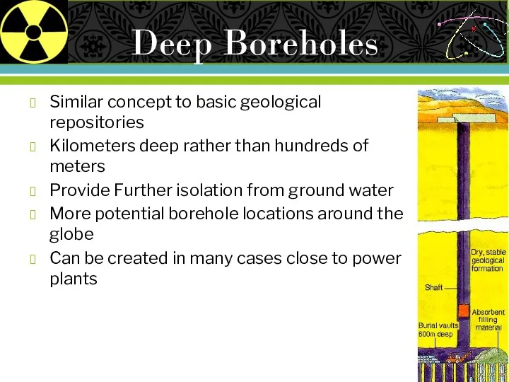 Deep Boreholes Similar concept to basic geological repositories Kilometers deep