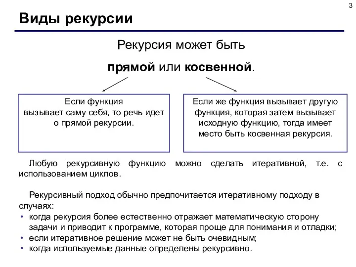 Виды рекурсии Любую рекурсивную функцию можно сделать итеративной, т.е. с