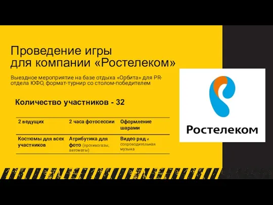 Проведение игры для компании «Ростелеком» Выездное мероприятие на базе отдыха