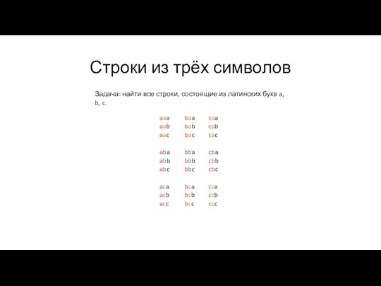 Строки из трёх символов Задача: найти все строки, состоящие из латинских букв a, b, c.